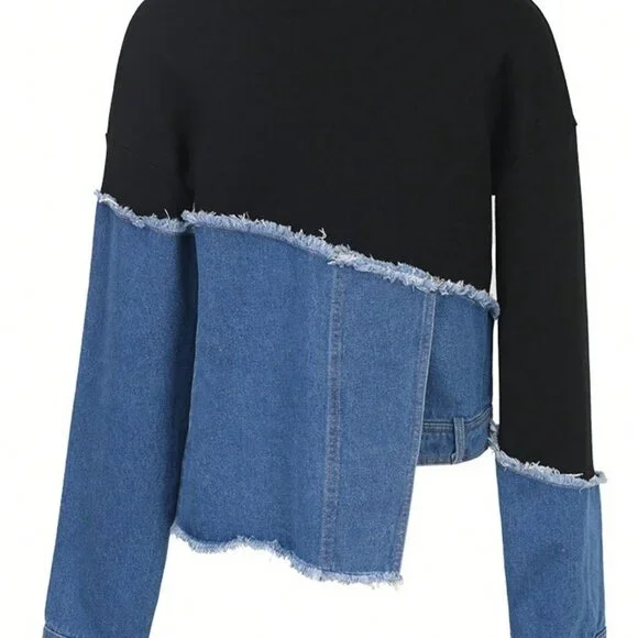 Black Casual Women's Valentine's Day Denim Patchwork Sweatshirt - Picture 6 of 9